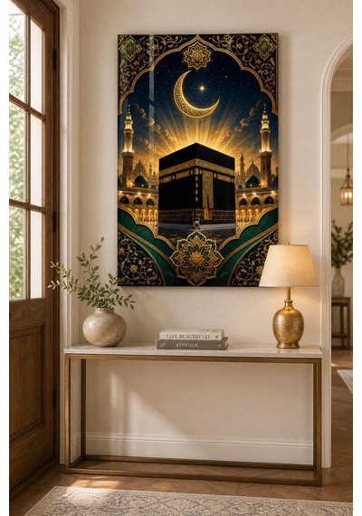 Kabe Ve Hilal Desenli Baskılı Cam Tablo Uv Baskı Dini Dekoratif Duvar Tablosu
