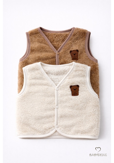 Babyden's 2 Li Welsoft Yelek Seti Kız Bebek Çocuk Ayıcık Armalı Peluş Yumuşak Kışlık Yelek Kahverengi - Beyaz