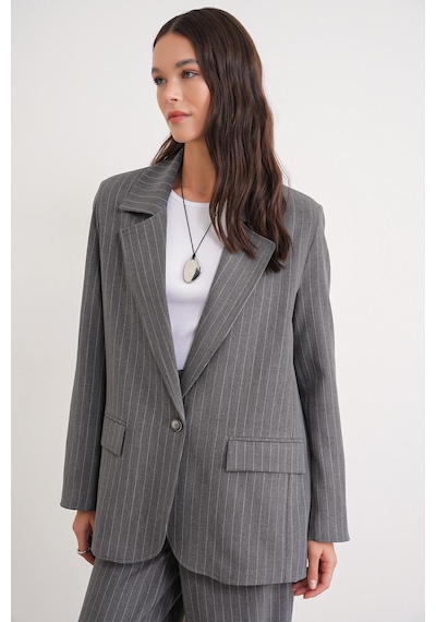 Mixray 4753 Kadın Çizgili Oversize Blazer Ceket Gri