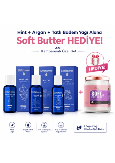 Shiffa Home Argan + Hint + Tatlı Badem Yağı 3 x 50 ML + Soft Butter Yağı