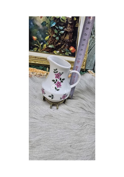 Vintage Çiçek Desenli Porselen Sütlük / Krema Sürahisi Ekru