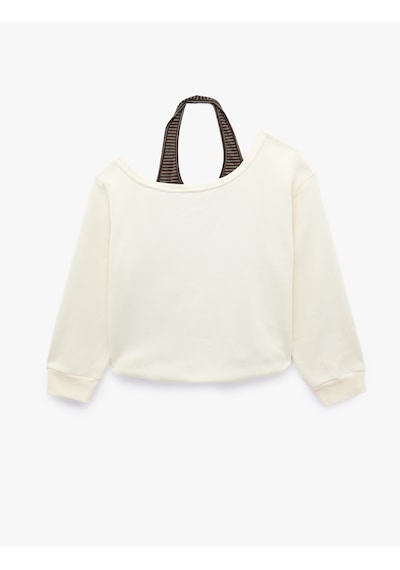 Koton Halter Yaka Uzun Kollu Şardonlu Baskılı Sweatshirt Ekru 7wal10255ık