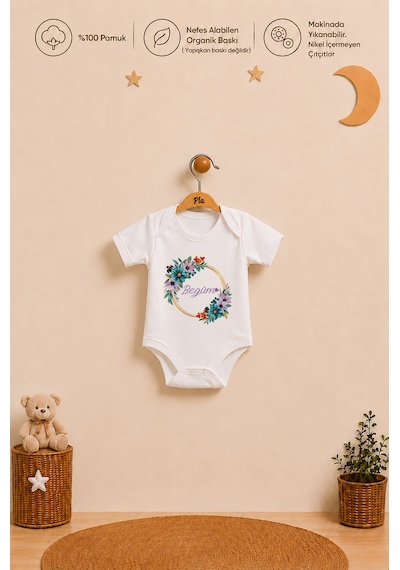Pia Baby İsme Özel Kız Bebek Kısa Kollu Body Zıbın %100 Pamuk Alttan Çıtçıtlı Organik Baskılı Bebek Body 1026bayx Ekru