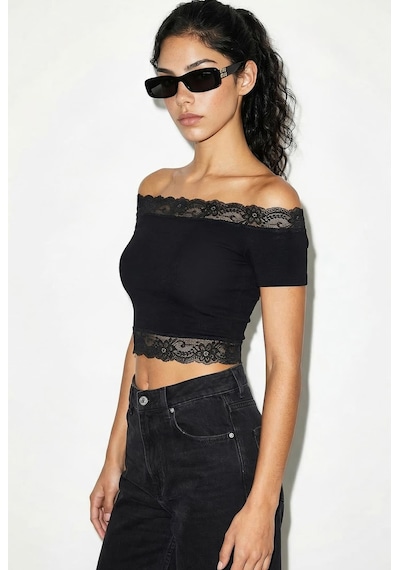 Shade Kadın Madonna Yaka Dantel Detaylı Soft Touch Crop Bluz 0992 60286052 - Siyah