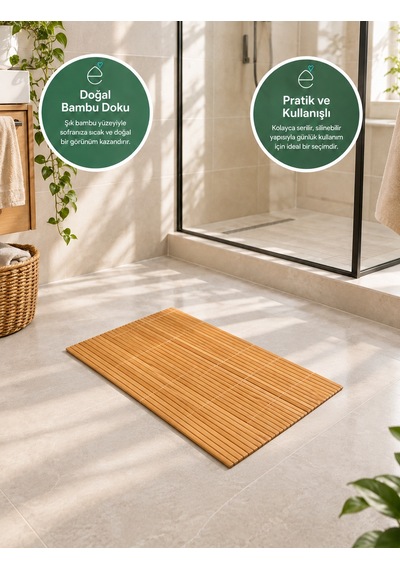 Bambu Banyo Paspası Doğal Bambu Duş Önü Paspas Dekoratif Ahşap Görünümlü Banyo Ve Ev Paspası Kahverengi