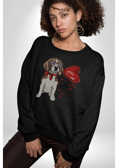 Poodle Ve Beagle Sevililer Günü Hediyesi Unisex Siyah Baskılı Sweatshirt Siyah