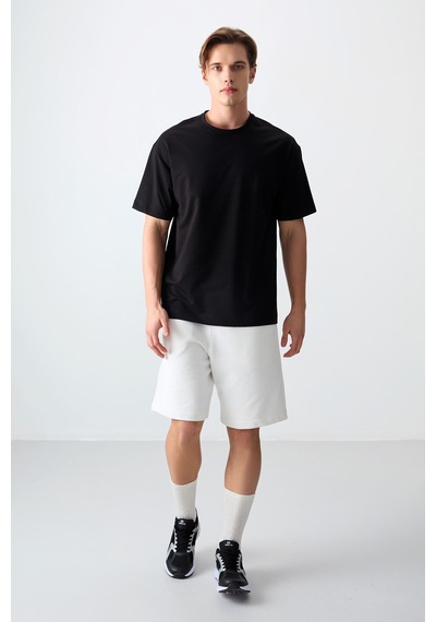 Air Jones Tommy Life Siyah Pamuklu Kalın Yumuşak Dokulu Oversize Fit Basic Erkek T-shirt - 88377 Siyah