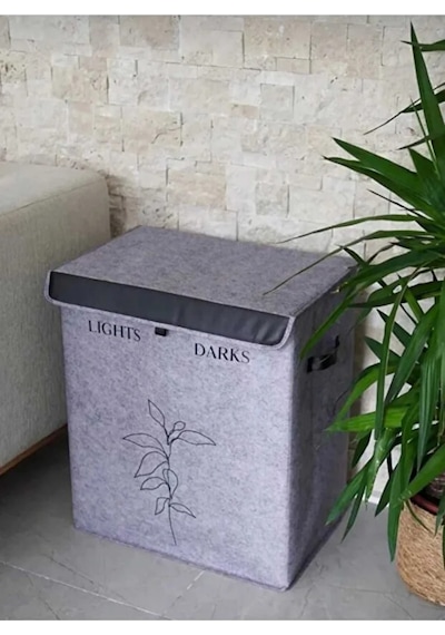 2 Gözlü Kompakt Kapaklı Derili Çamaşır Sepeti -katlanabilir Dayanıklı 100lt 53 X 33 X 60 Cm Gri-beyaz