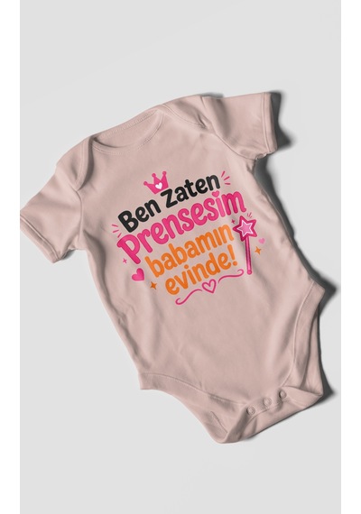 Morivokids Ben Zaten Prensesim Babamın Evinde Kısa Kollu Bebek Body %100 Pamuk Pastel Pembe