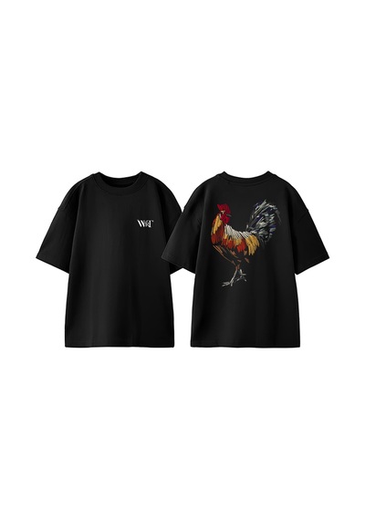 Thewert Horoz Renkli Tasarım Sırt Baskılı Pamuk Siyah Oversize T-shirt