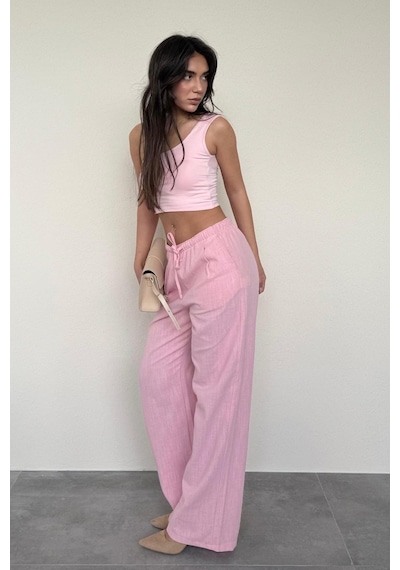 Madmext Pembe Beli Büzgülü Wide Leg Kumaş Pantolon Mg1950 Pembe