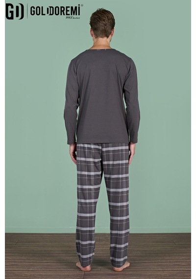 Gd Goldoremi Erkek Düğmeli Yaka Ekoseli Uzun Kollu Pijama Takım Füme
