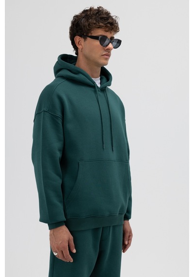 Vamos Basic Oversize Kapüşonlu Sweatshirt Nefti Yeşil