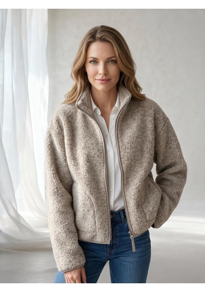 Nealirsanall.com Kadın Dik Yaka Fermuarlı Cepli Kısa Teddy Polar Ceket Bej