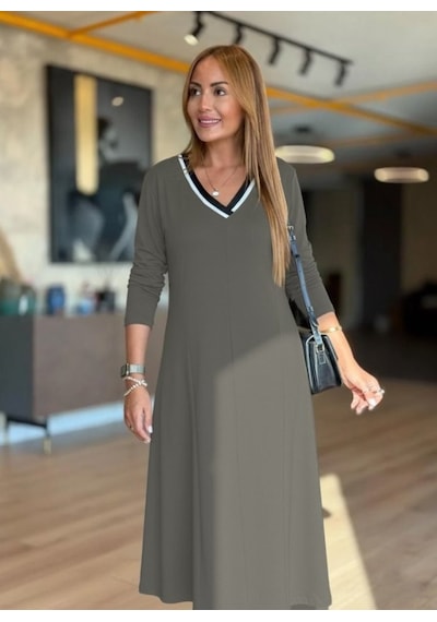 Veraura Lifestyle Kadın Uzun Kollu V Yakalı Midi Çağla Yeşili Modal Elbise Yeşil