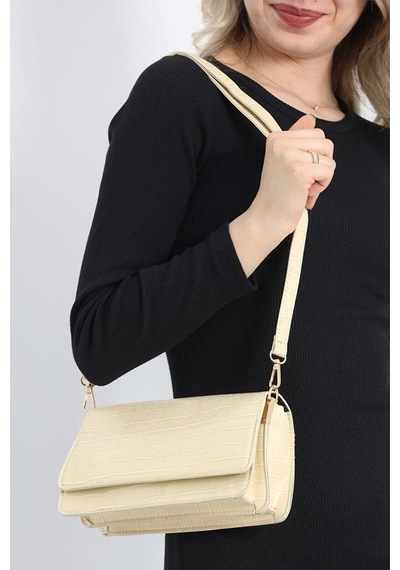 Lovelystore Kroko Desenli 3 Gözlü Günlük Kadın Mini El & Omuz Çantası 24x12 Krem
