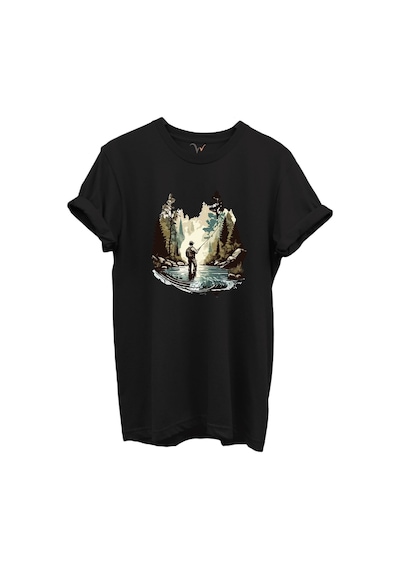 Balık Tutma Temalı Kampçı Desenli %100 Pamuk Regular Fit Unisex T-shirt Siyah