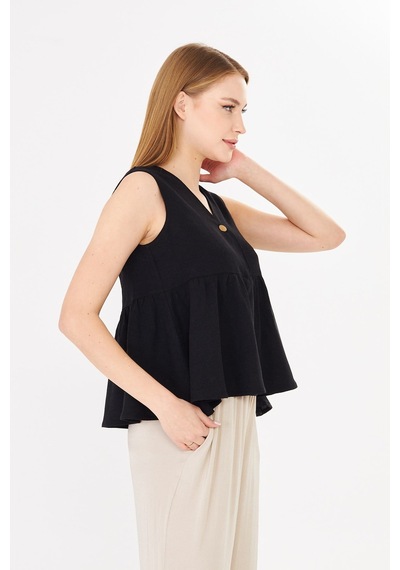Sortie Collection V Yaka Tek Düğmeli Peplum Siyah Keten Bluz