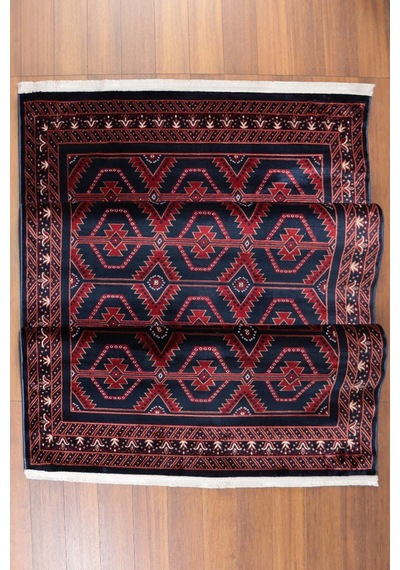 Nakış Serisi Lacivert Kırmızı Geometrik Motifli Şık Salon Halısı Af316 Navy Çok Renkli