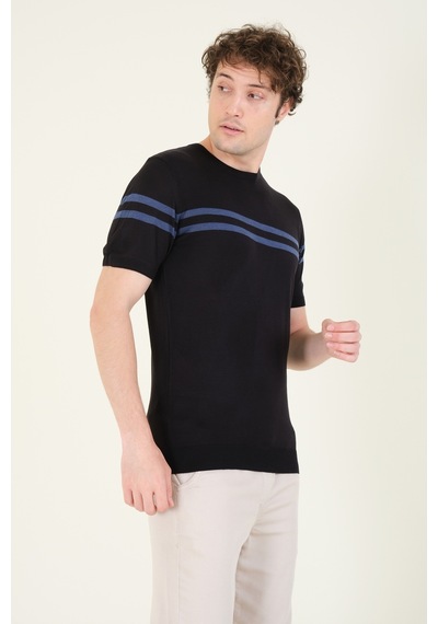 Giyim Dünyası Erkek Sıfır Yaka Çizgili Merserize T-shirt Siyah 001