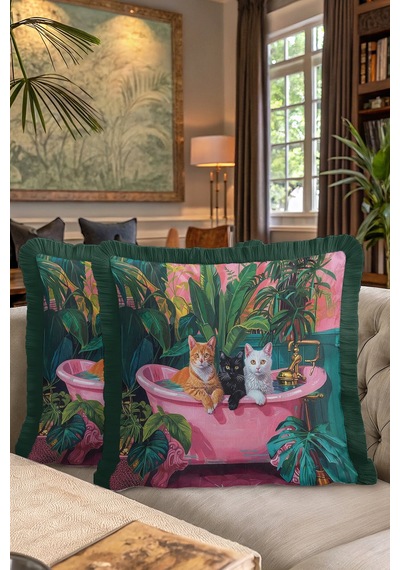 Vintage Kedi Temalı Saçaklı Yastık Kılıfı - Egzotik Bitki Bohem Yeşil Pembe Püsküllü Kırlent Kılıfı Çok Renkli