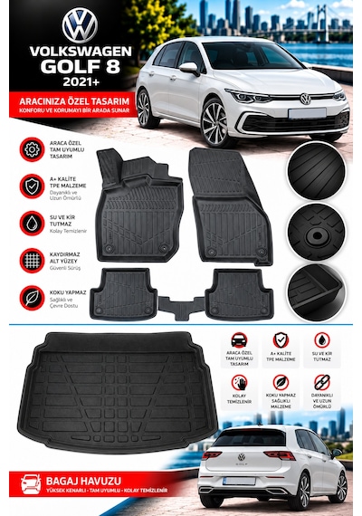 Volkswagen Golf 8 2021 Model Otomatik Havuzlu Paspas Takımı + Bagaj Havuzu -modx-