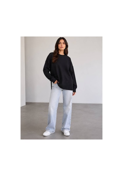 Herkesemoda Oversize/geniş Kalıp Yırtmaçlı Bisiklet Yaka Yumuşak Tuşeli Örme Sweatshirt Siyah