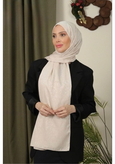 Flora Tekstil Çiçekli Desen İnce Medine İpeği Jakar Şal Açık Bej