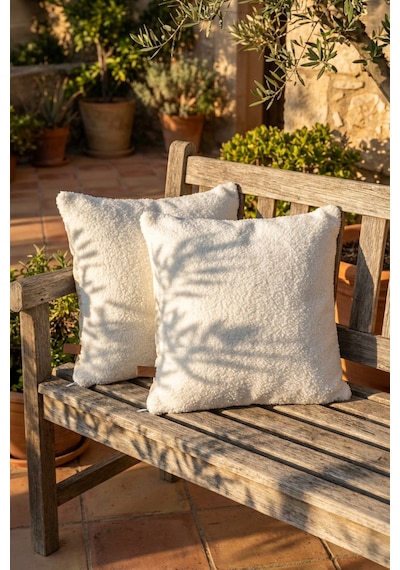 İskandinav Bohem 2'li Kırlent Kılıfı Modern Dekoratif Salon Koltuk Yastık Kılıfı 55x55 cm Teddy Puffy Beyaz