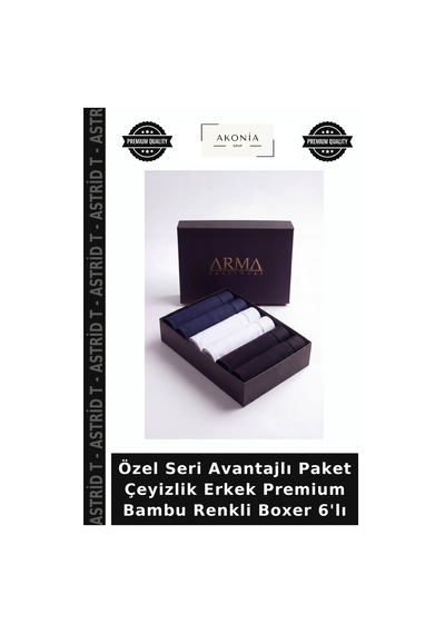 Astrid T Özel Seri Avantajlı Paket Çeyizlik Erkek Premium Bambu Renkli Boxer 6'lı 2 Siyah 2 Beyaz 2 Laci