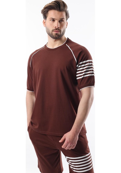 Madmext Acı Kahve Baskılı Reglan Kol Erkek Şort T-shirt Takımı E7306 Acı Kahverengi