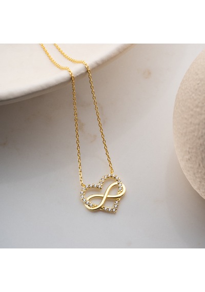 925 Ayar Gümüş Taşlı Sonsuzluk Ve Kalp Kolye Gold