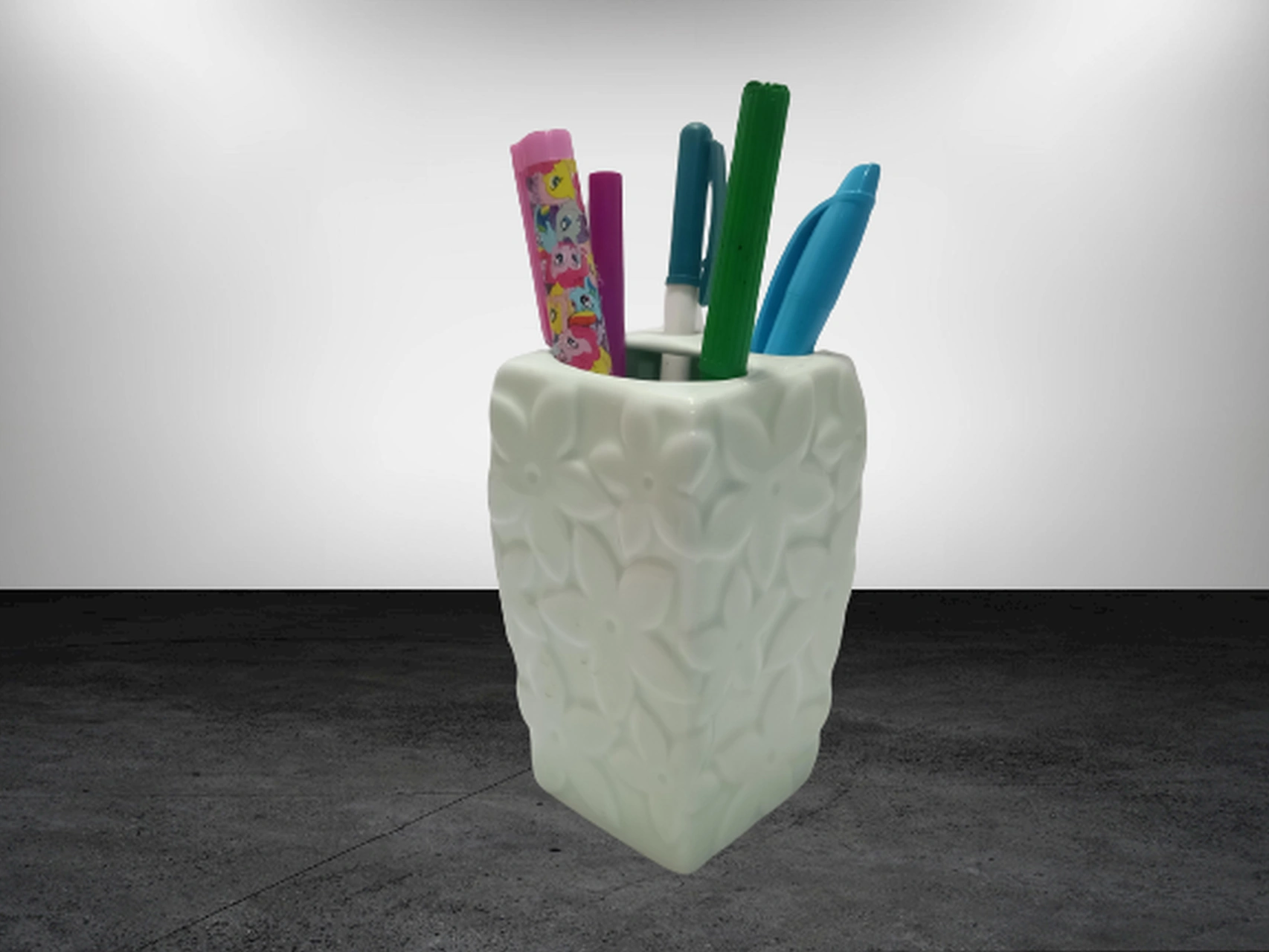 2 Adet Kalemlik Çiçekli Su Yeşili Seramik Ofis Gereci 7x7x12cm Çok Renkli