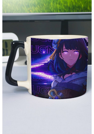 Raiden Genshin İmpact Baskılı Seramik Lüks Kupa 1 Adet Özel Siyah Kulp Dalga Kulp V3d Çok Renkli