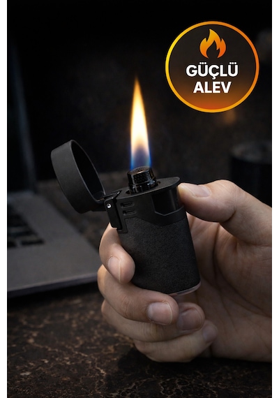 Siyah Rüzgar Geçirmez Çakmak Turbo Alev Doldurulabilir Metal Başlıklı Güçlü Çakmak