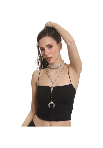 Labalaba Kadın Antik Gümüş Kaplama 2' Li Burgulu Ay Uçlu Kolye& Choker Gümüş