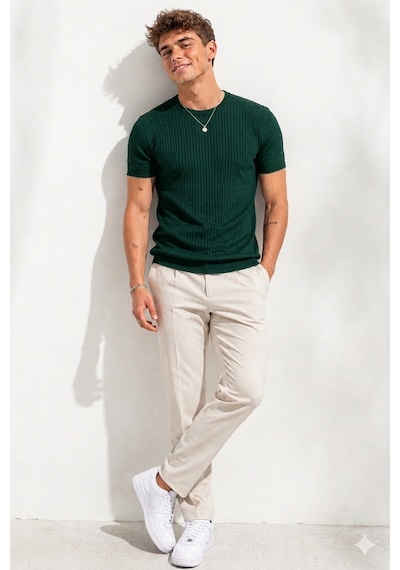 Ribana Erkek Kısa Kollu Bisiklet Yaka Esnek T-shirt 26022 Zümrüt Yeşili