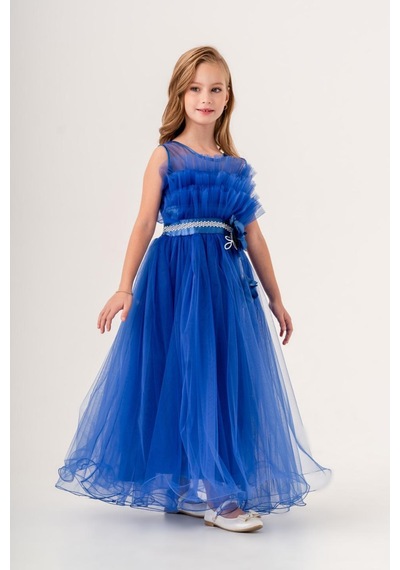 Mnk Baby & Kids Kız Çocuk Robası Katlı Özel Gün Abiye Elbise Mnk0475 Saks Mavi