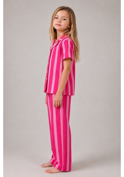 Kız Çocuk Çizgili Gecelik Pembe Pijama Takımı