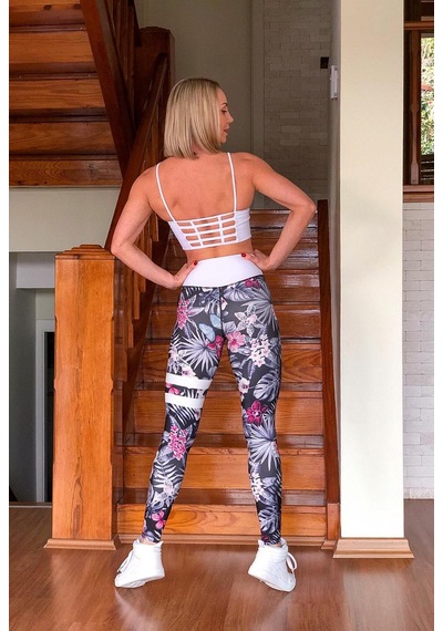 Lismina Bacağı Ve Beli Beyaz Şeritli Çiçek Desenli Spor Tayt Lila