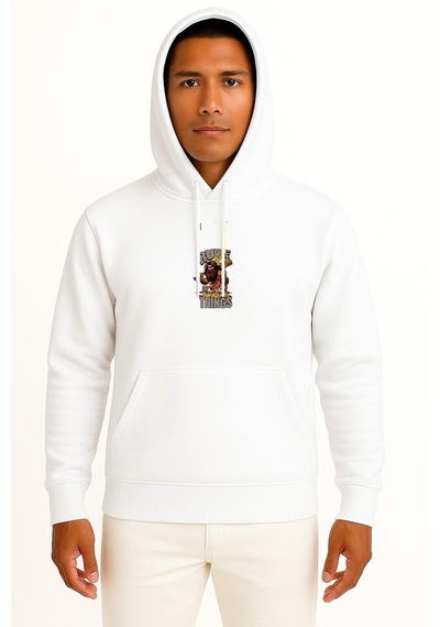 Bahriyeli Collection Kapüşonlu Kaptan Mağara Adamı Göğüs Baskılı Unisex Sweatshirt Beyaz