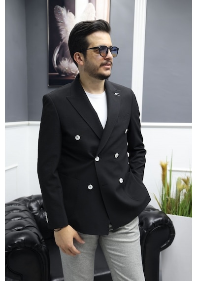 Avni Ceylan Verde Dokulu Gofre Kumaş İtalyan Stil Slim Fit Kruvaze Erkek Ceket Siyah