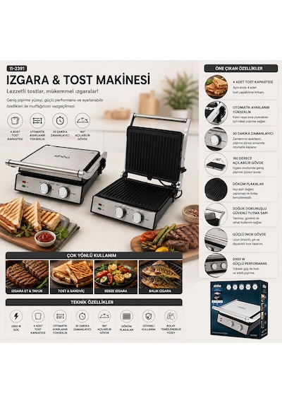 Izgara Ve Tost Makinesi 4 Dilim Yapışmaz Yüzey 2000w Ssm-2598