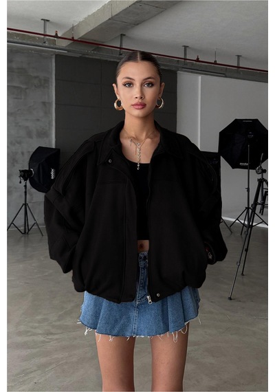 Öner Oversize Kadın Bomber Siyah Süet Deri Ceket Siyah5567rxd Siyah5567rxd