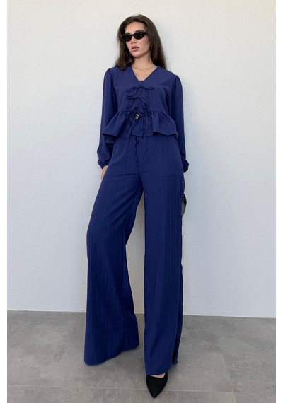 Madmext Lacivert Önü Bağlamalı Bluz Pantolon Takımı Mg2343 Lacivert
