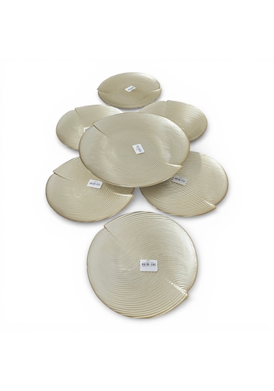 Sudedi Home Gold Renk Cam Pasta Tabağı Seti 6 Lı 19 Cm Sunum Tepsili Servis Seti Altın