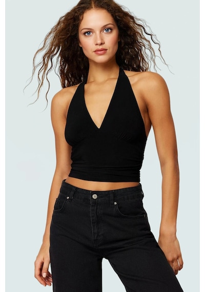 Ersefa Vücuda Oturan Boyundan Bağlamalı Crop Bluz Polyester Elastan Sand siyah