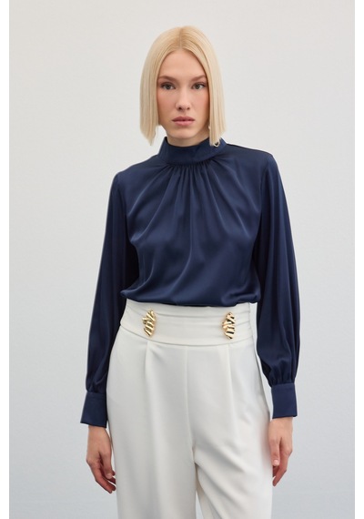 Sateen Yaka Detaylı Saten Bluz - Lacivert-136018 Lacivert