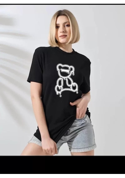 Assema Kadın Bisiklet Yaka Baskılı Kısa Kol T-shirt - Siyah Çok Renkli