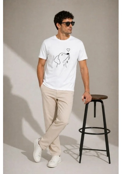 Defymoda Erkek Köpek Figürlü Minimal Baskılı Tişört Kısa Kol Yazlık T-shirt - Beyaz